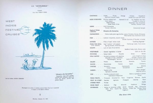 S.S. Michelangelo. West Indies Festival Cruises Dinner Menu Online Sale